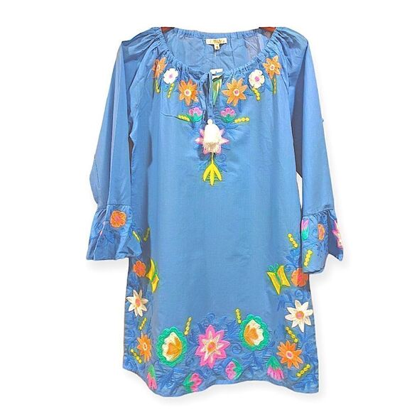 Debbie Katz South Beach Blue Violetta Embroidered Floral Tunic 100% Cotton Sz S - Picture 5 of 13